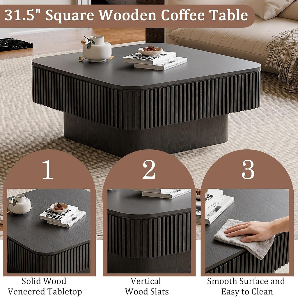 31.5' Square Coffee Table with Hidden Storage Compartment, Modern Handcraft Fluted Drum Coffee Table, Wooden Square Center Table Cocktail Tea Table with Sturdy Pedestal for Living Room, Black