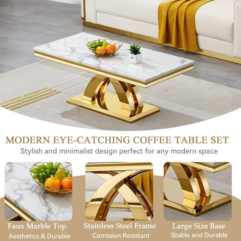47in White Gold Coffee Table, Modern Faux Marble Coffee Table Living Room Table with Double X-Shaped Stainless Steel Base,Rectangle Marble Coffee Cocktail Table Center Table for Home&Office