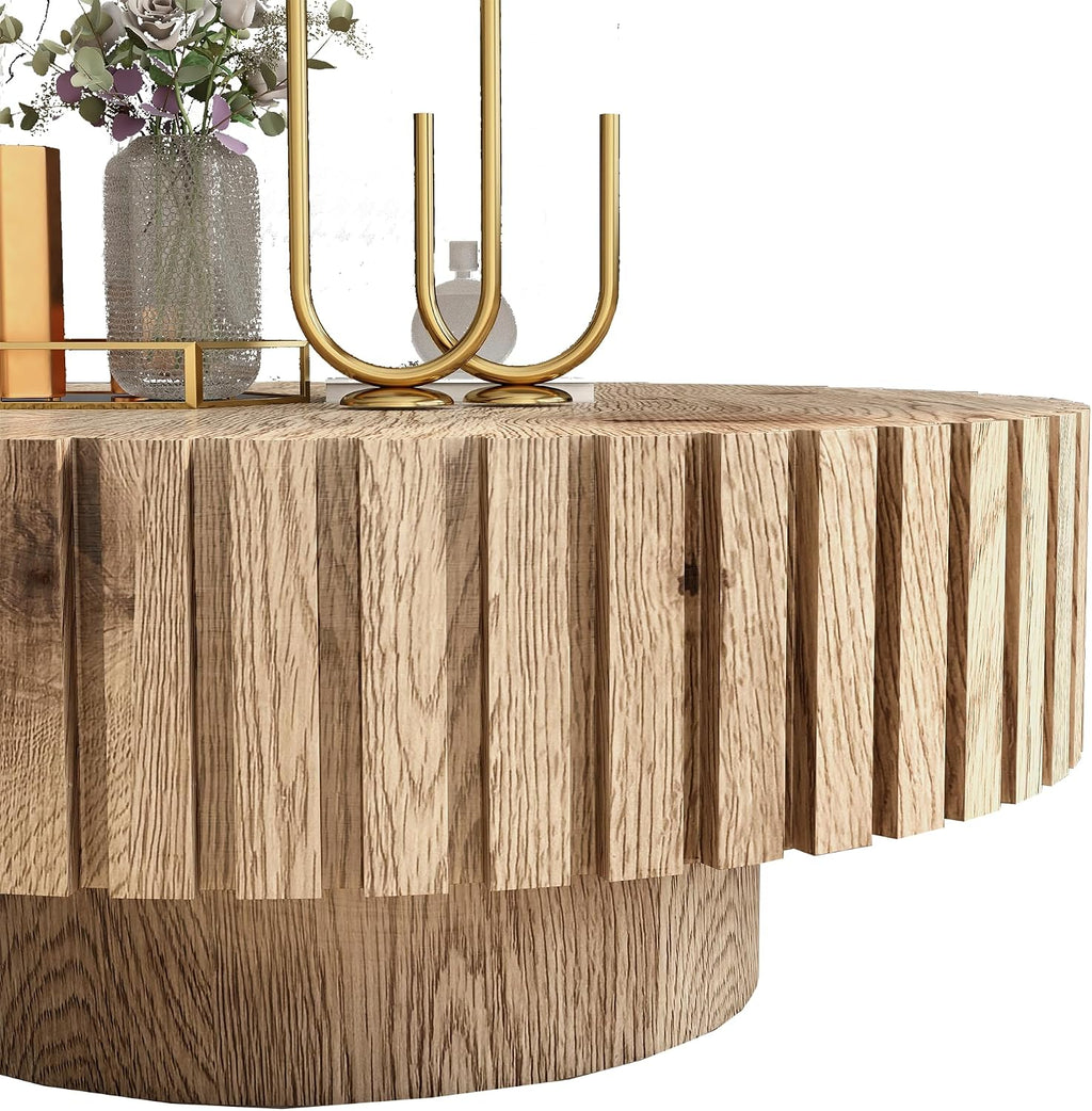 31.4'' Round Circle Coffee Table Modern Wood Coffee Table for Living Room, Contemporary Minimalist Fluted Drum Pedestal Style, Easy Assembly, Wood