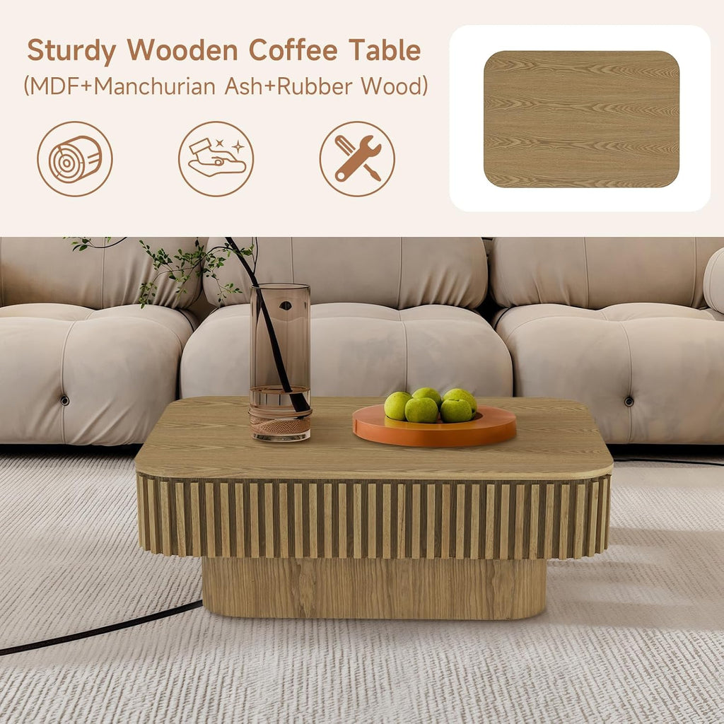 Lift Top Coffee Table for Living Room, Fluted Coffee Tables with Storage, Solid Wood Veneered Modern Accent Tea Center Table for Small Space Apartment (Natural-38.6''D×26.8''H)