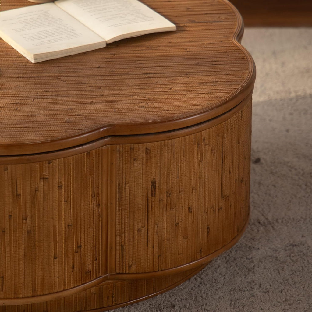 31.5'' Round Coffee Table with Lift-Off Lid Storage, Wood Circle Flower-Shaped Rattan Coffee Table for Living Room, Modern Boho Countryside Farmhouse Style, No Assembly, Natural