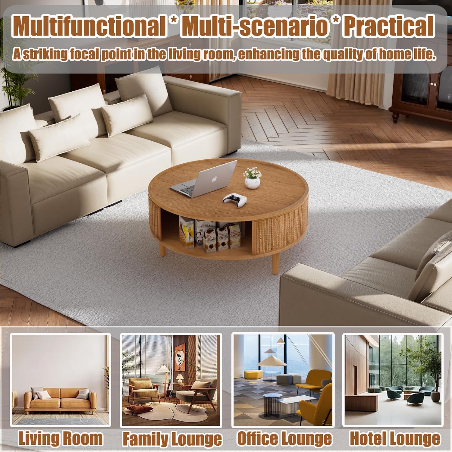 30.5' Storage Round Coffee Table, Modern Coffee Tables with Rattan-Accent Top and Sides, Wooden Circle Center Table for Living Room, Small Spaces, and Apartments, Easy Assembly
