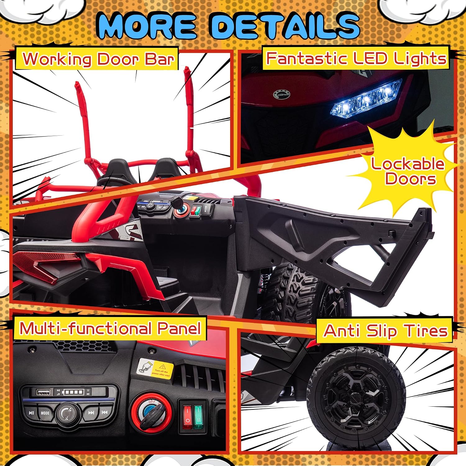 wanan XL 24V 10AH Ride on Toys for Big Kids Real 2-Seater, 4x4 4WD Motor Ride on Car Kid UTV for Kids 3-8, Remote Control, Bluetooth Music, 4 Spring Suspension, 22' Spacious Seats (Red)