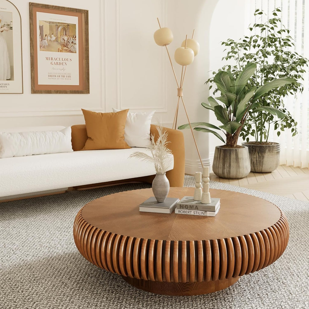 Round Drum Coffee Table Modern Coffee Tables Fluted Coffee Table Circle Center Table Pedestal End Table for for Living Room Bedroom(Brown 39.4in)