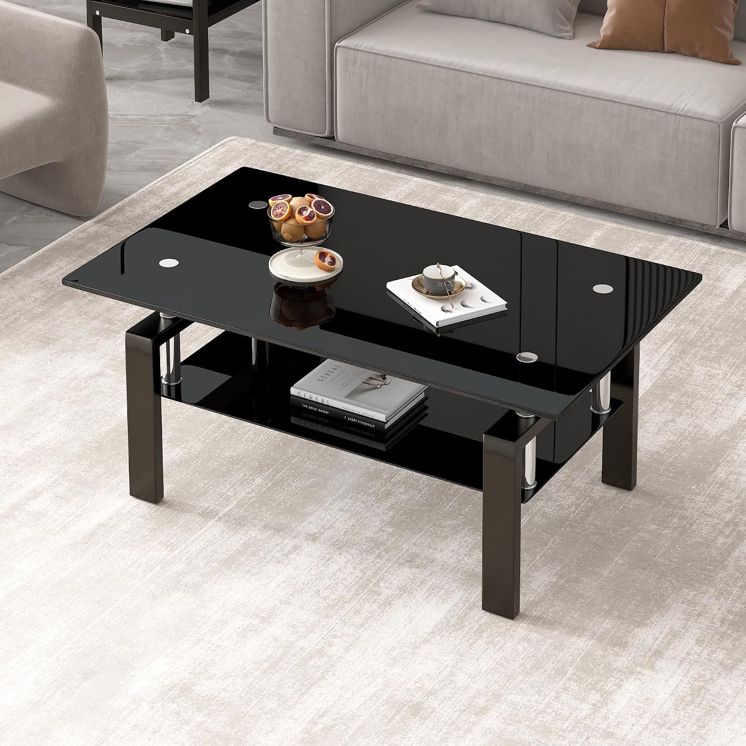 Glass Coffee Table Sets of 3 for Living Room, Mordern End Table Sofa Side Tables with Storage, Black Metal Leg, Rectangle Tempered Center Table Home Furniture Set (Black)