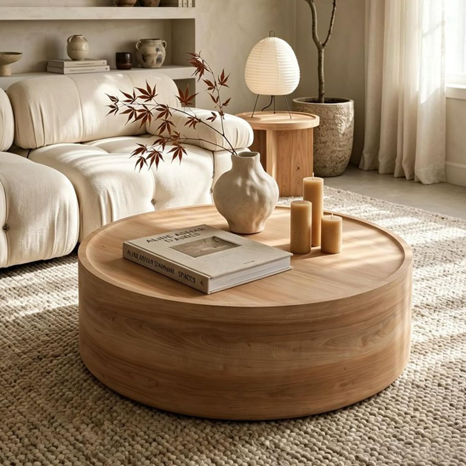 Modern Drum Coffee Table Natural Wood Color Coffee Tables Round Center Table for Living Room Home Office,39.3'- Fully Assembled