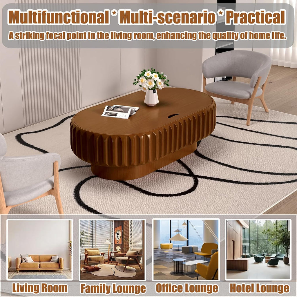 43.3' Oval Drum Coffee Table with Hidden Storage, Modern Fluted Coffee Tables with Solid Wood Veneer, Wooden Center Table for Living Room, Bedroom, Apartment, Easy Assembly