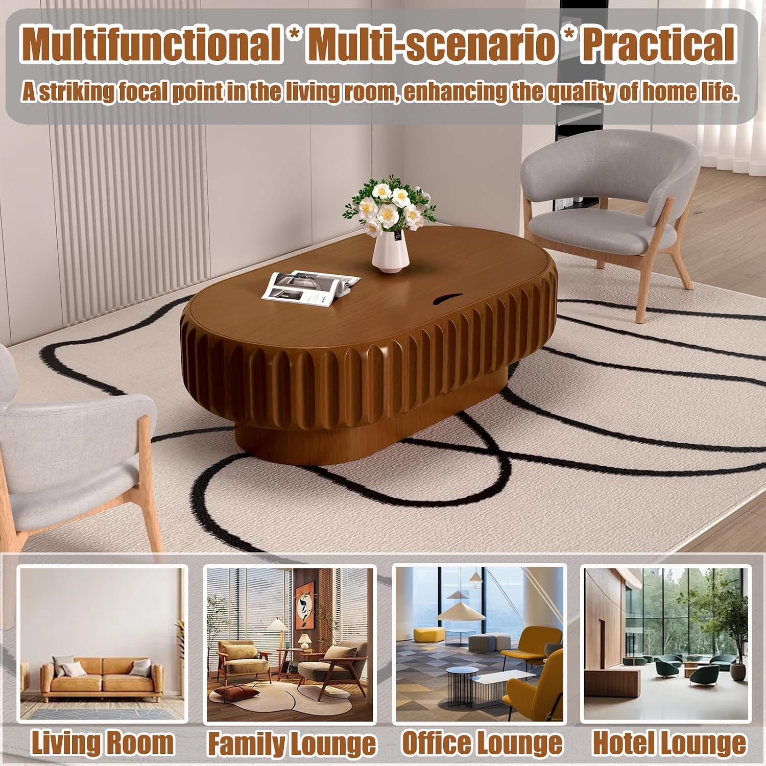 43.3' Oval Drum Coffee Table with Hidden Storage, Modern Fluted Coffee Tables with Solid Wood Veneer, Wooden Center Table for Living Room, Bedroom, Apartment, Easy Assembly