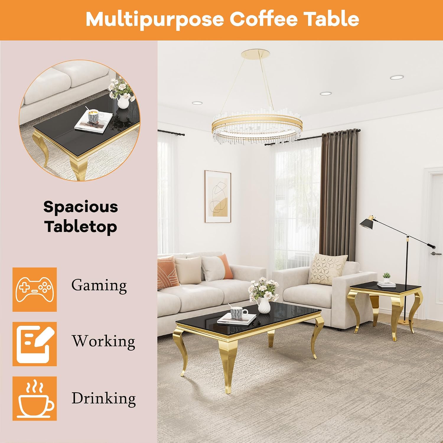 46.8 Inch Glass Coffee Table, Modern Rectangular Center Table with Black Tempered Glass Top and Gold Stainless Steel Legs, for Living Room, Apartment, Home Office