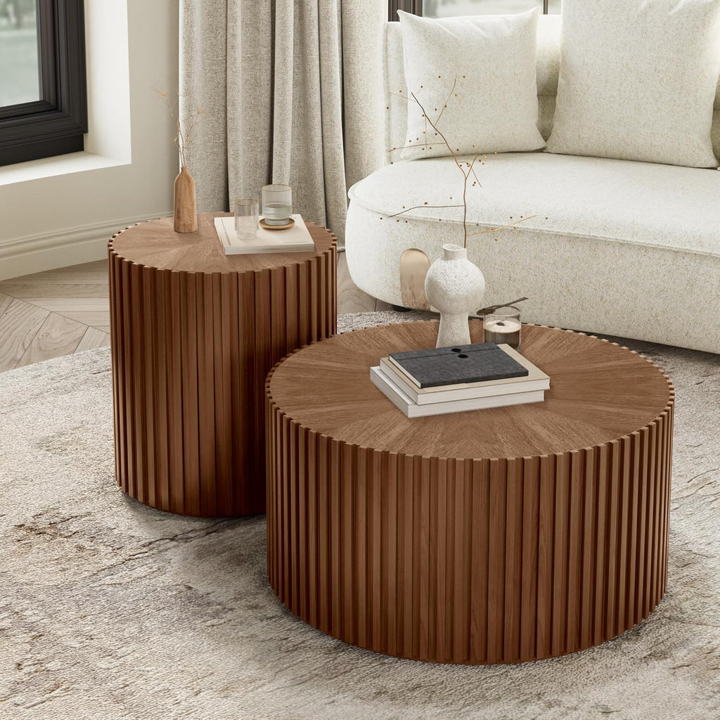 POVISON Round Coffee Side Table, Mid Century Wood End Table, Fluted Side Table for Living Room Bedroom Office, 20.08', Light Walnut