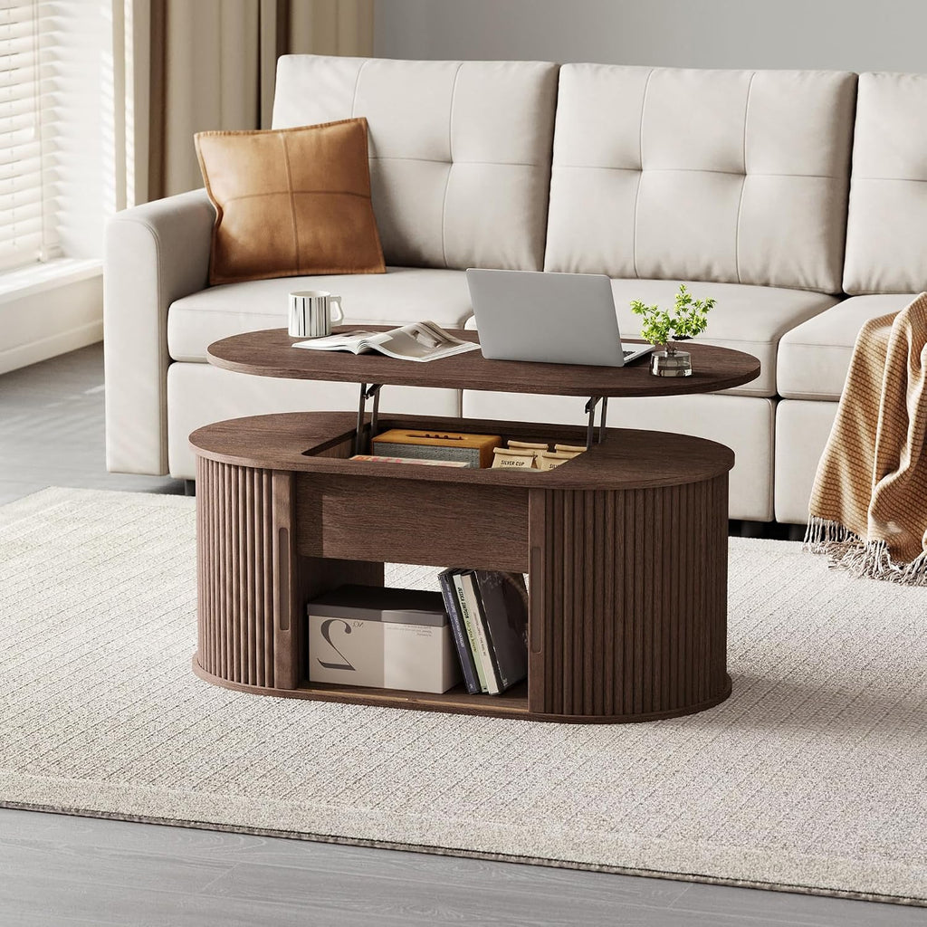LINSY Lift Top Coffee Table, Oval Fluted Coffee Table with Storage, Mid Century Modern Wooden Coffee Tables with Sliding Tambour Door, 39' Center Table for Living Room, Office, Small Space, Walnut