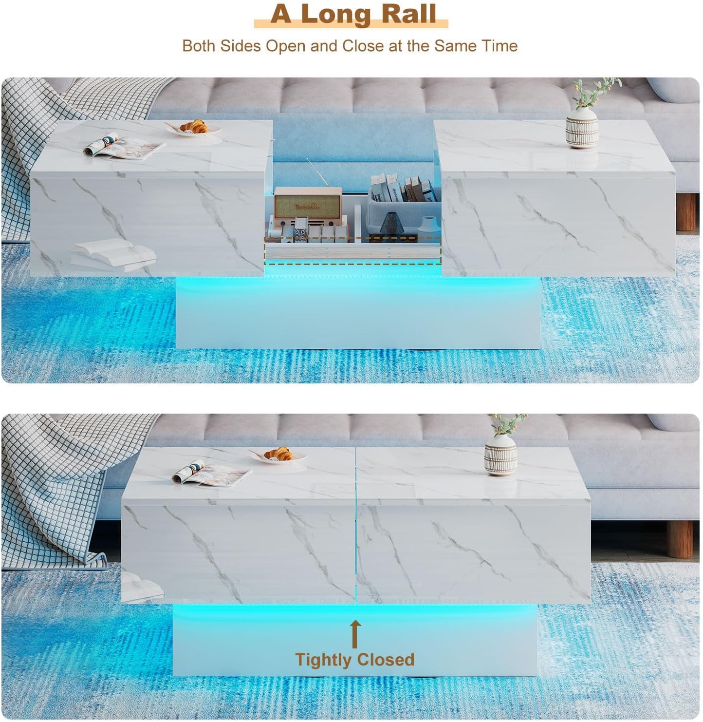 HedoAjim White Marble LED Coffee Table with Storage for Living Room, Living Room Table Rectangular Center Table, Modern High Glossy Wooden Coffee Tables for Dining Reception Room