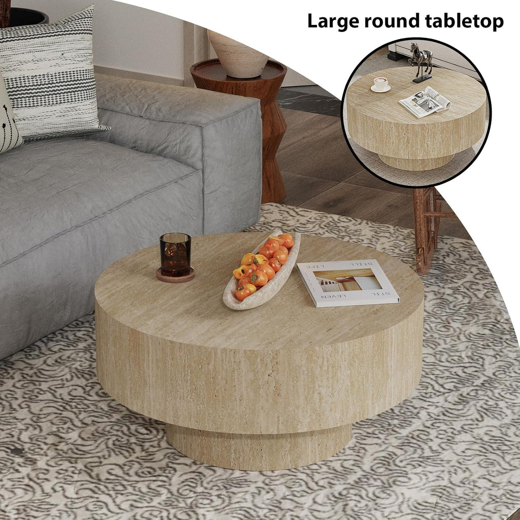 Modern Round Coffee Table, Round Coffee Tables for Living Room Contemporary Low Circle Center Table for Apartment, Farmhouse, Office, Mesa De Cafe (Round Travertine)