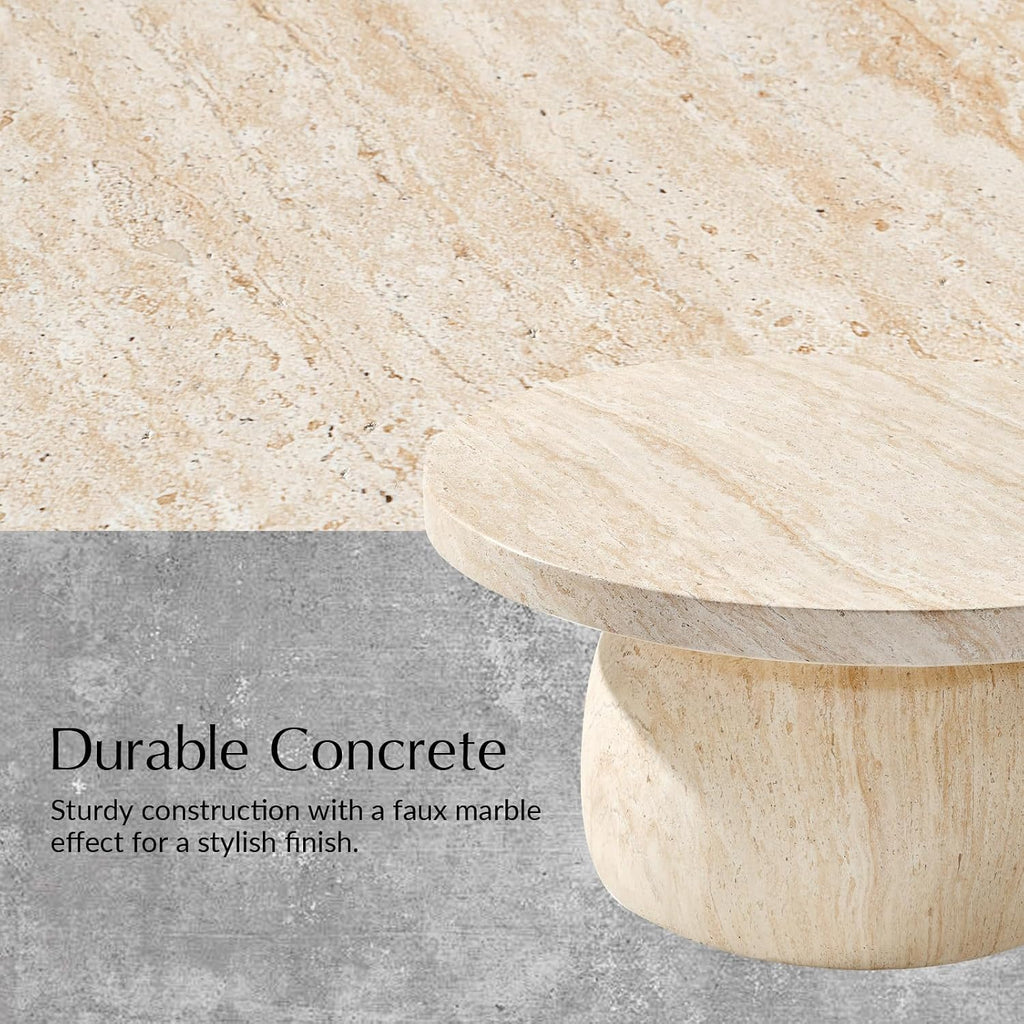 HULALA HOME Modern Marble Coffee Table, 31.5 Inch Round Coffee Table with Marble Concrete Base, for Living Room, with Tabletop, Easy Assembly, Natural