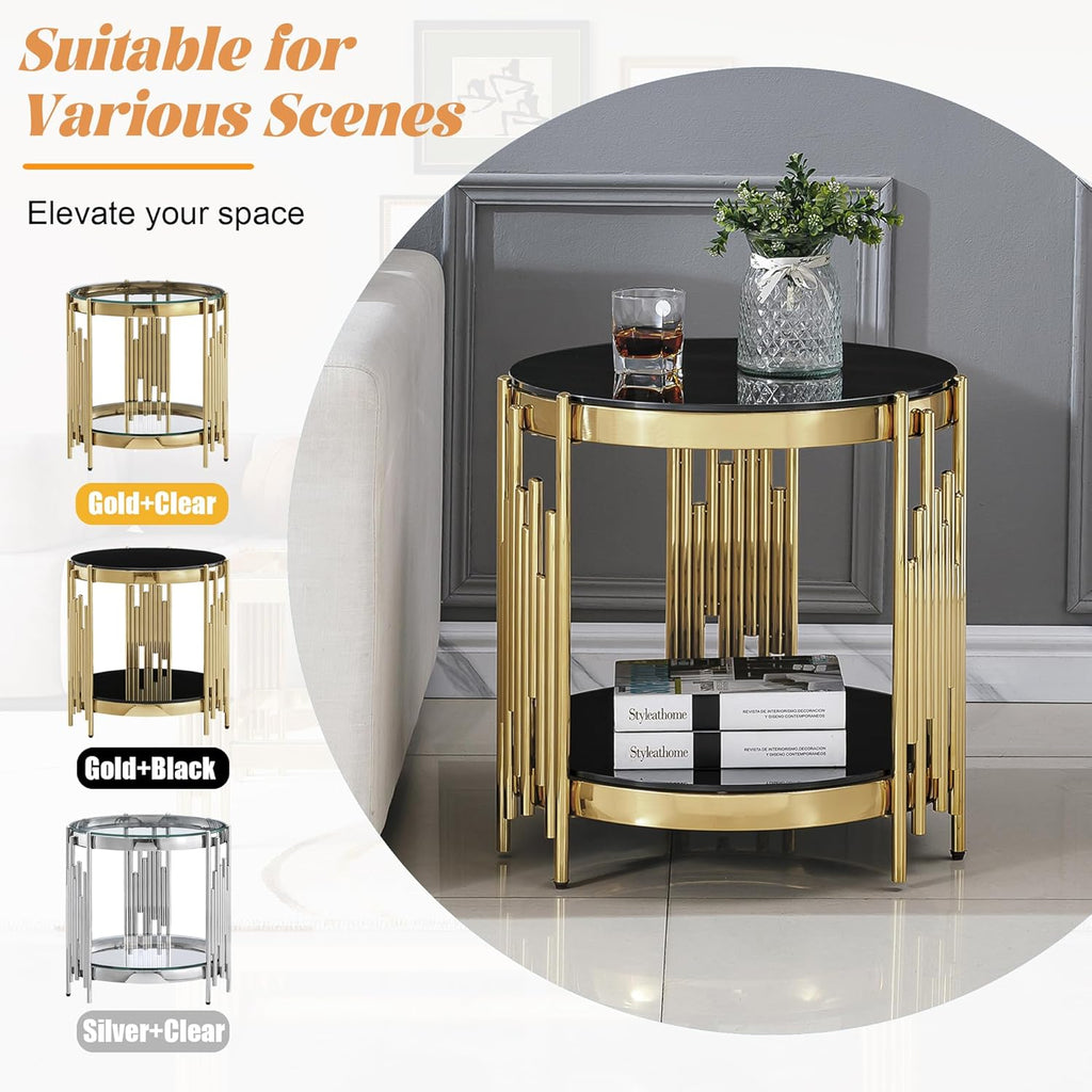 20' Round Glass End Table, 2-Tier Gold Side Table with Stainless Steel Legs and Black Tempered Glass, Modern Luxury End Table for Living Room Home Office