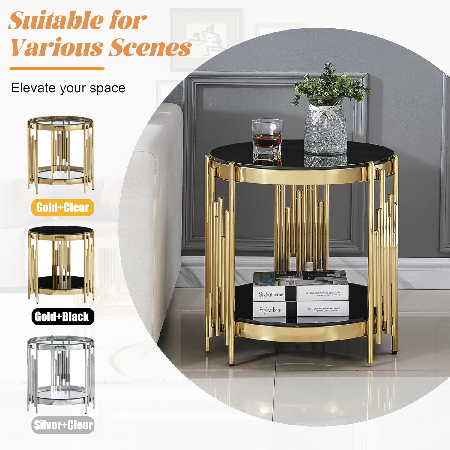 20' Round Glass End Table, 2-Tier Gold Side Table with Stainless Steel Legs and Black Tempered Glass, Modern Luxury End Table for Living Room Home Office