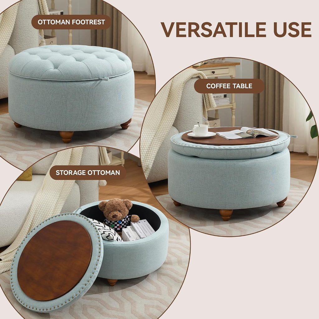 WUTUTUEE 30Inch Round Storage Ottoman with Tray, Modern Tufted Fabric Circle Coffee Table with Storage, Upholstered Ottoman with Removable Top for Living Room, Bedroom, Light Blue