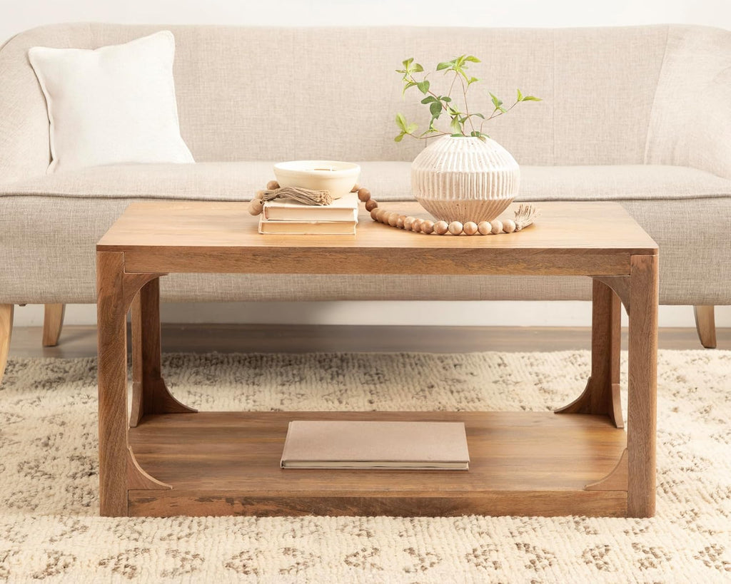 Kate and Laurel Dahl Transitional Rectangular Coffee Table; 36 x 20 x 18; Natural Wood; Modern Rectangle Living Room Table with Solid Mango Wood Construction and Bonus Underlying Storage
