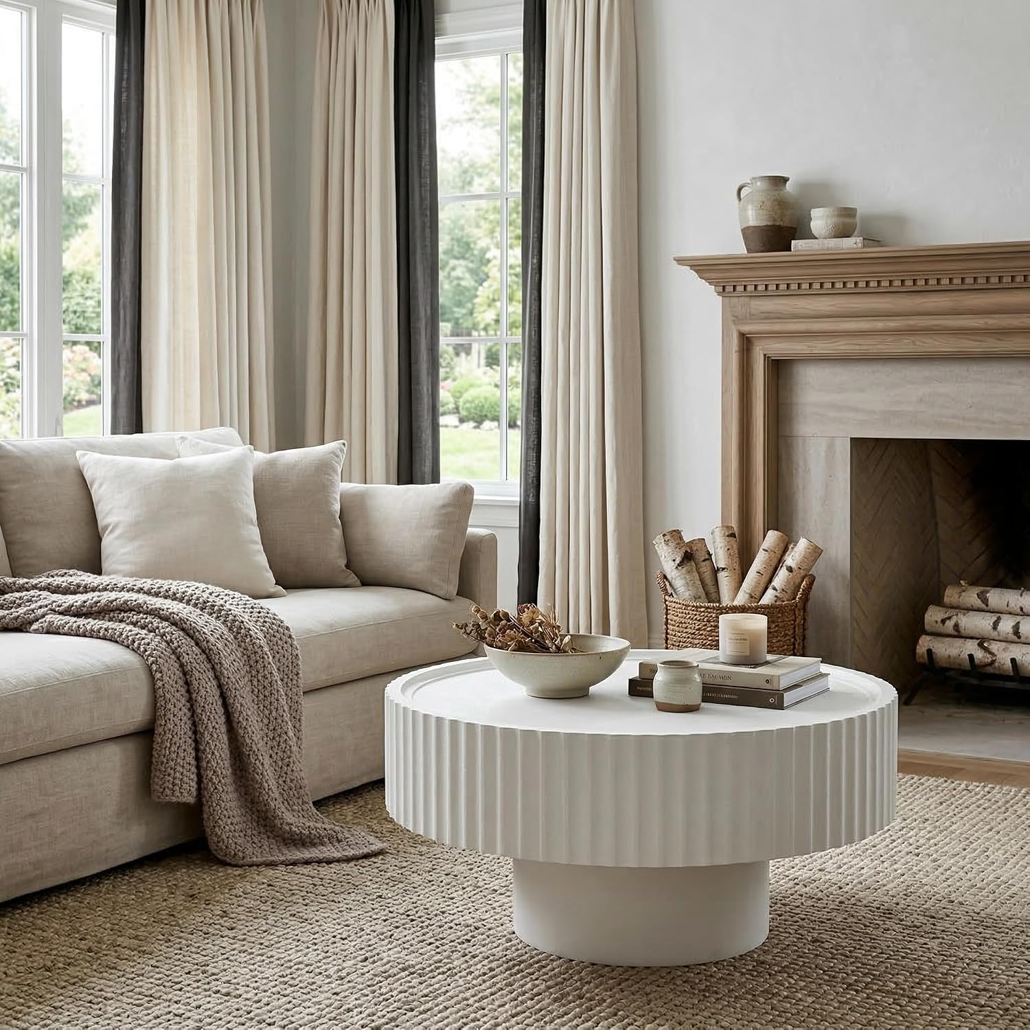 Round Coffee Table, Modern Living Room Table, Wood Center Table with Fluted Drum, Circle Coffee Tables with Fine Grain Textured Tabletop, Farmhouse Tea Tables for Living Room,30.3×13.7in