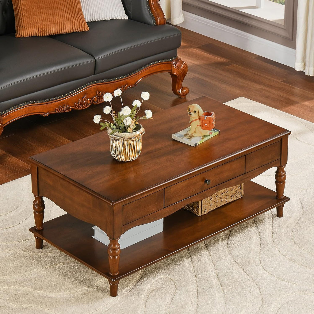 Rectangular Coffee Table with 2 Storage Drawers, Mid-century Solid Wood Living Room Table with Carved Leg, Elegant Vintage Center Table, No-Tools Assembly, 43.3'L x 23.6'W x 18'H Caramel Brown KFZC008