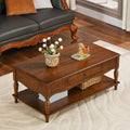 Rectangular Coffee Table with 2 Storage Drawers, Mid-century Solid Wood Living Room Table with Carved Leg, Elegant Vintage Center Table, No-Tools Assembly, 43.3'L x 23.6'W x 18'H Caramel Brown KFZC008