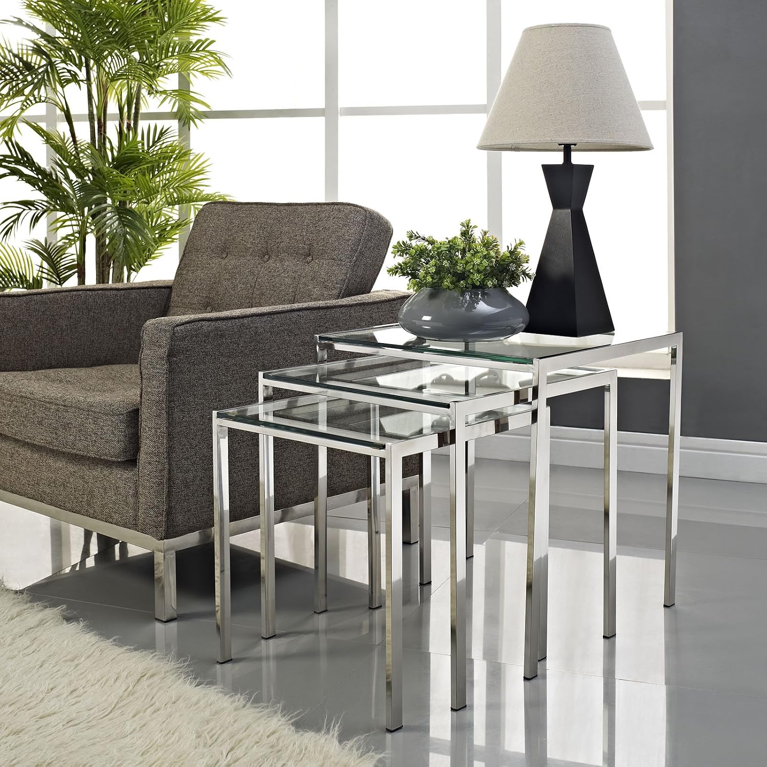 Modway Nimble Glass and Stainless Steel 3-Piece Side Nesting Table Set In Silver