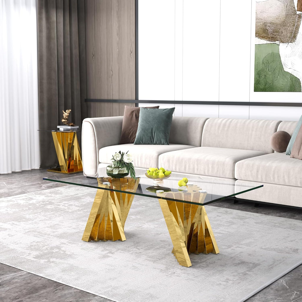 Rectangle Glass Coffee Table and 2 End Table Set of 3, with Tempered Glass Top and Mirrored Stainless Steel Table Legs, Suitable for Living Room Home Office,Gold