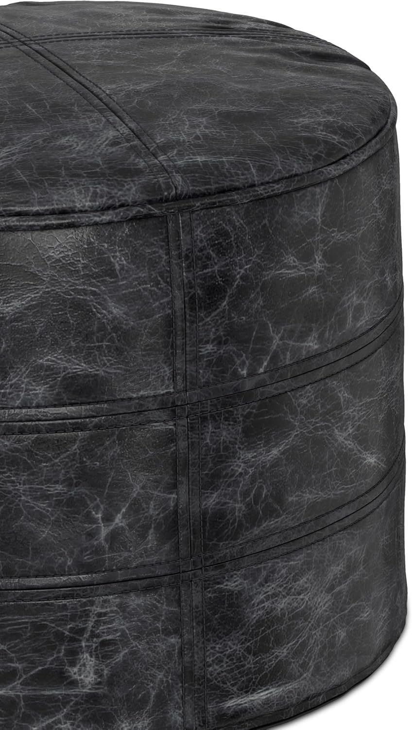 SIMPLIHOME Connor Round Pouf - 18 inch Wide Upholstered Genuine Leather Ottoman in Distressed Black, Boho Footstool or Extra Seating for Living Room or Bedroom with Polystyrene Filling, Assembled