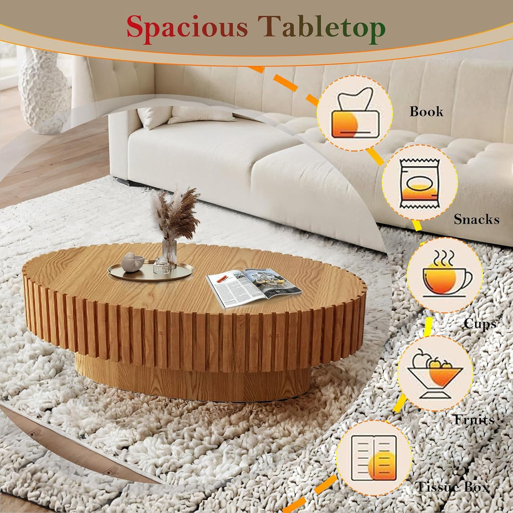 Handcraft Fluted Coffee Table 43.3' Oval Drum Center Tables with Sturdy Pedestal Easy to Assembly for Living Room Apartment Farmhouse (Oval Wood 43.3in)
