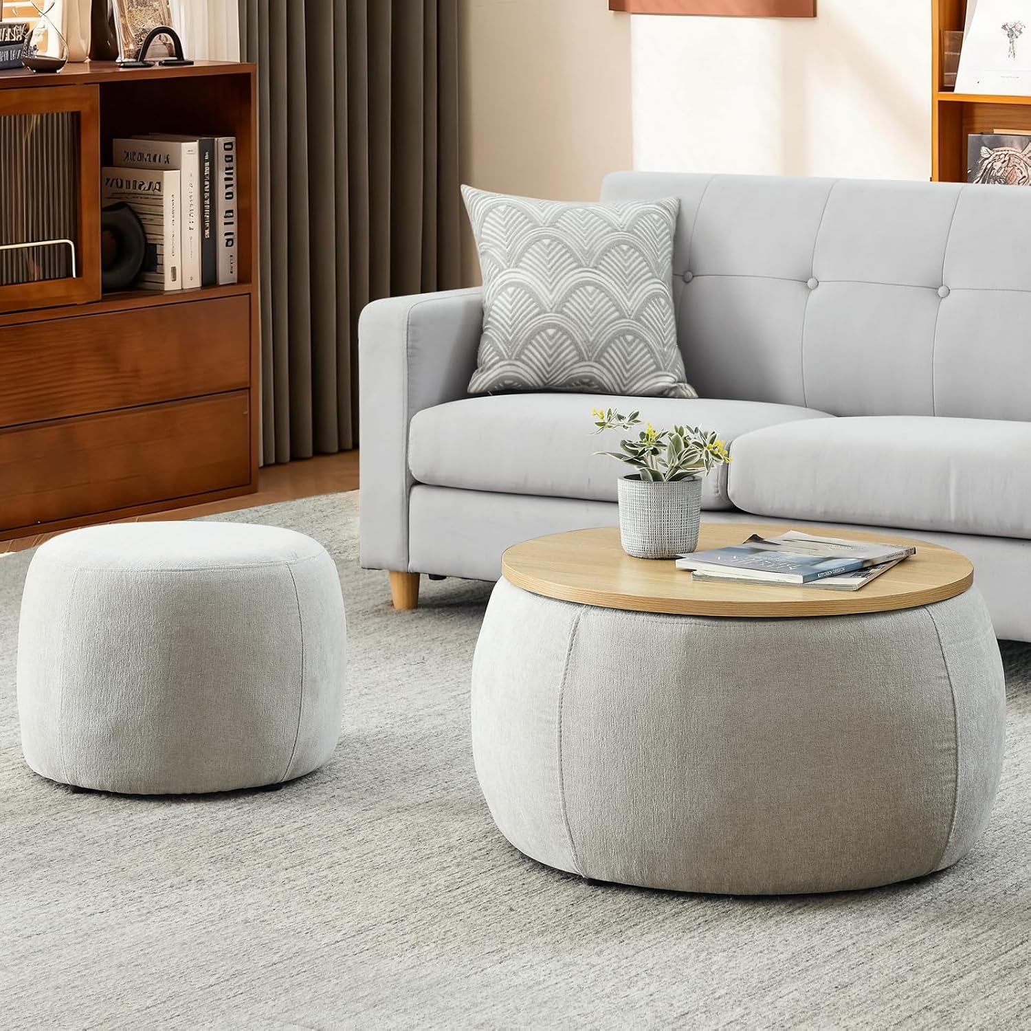 Round Ottoman with Storage Set, 25' +18' Circle Coffee Table Upholstered Nesting Modern End Table Footstool with Removable Wood Tray Chenille for Living Room No Assembly, Light Grey
