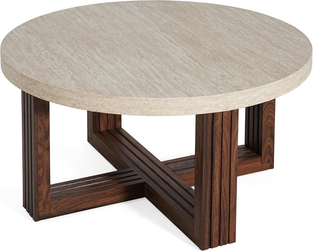 Christopher Knight Home Yone 31.5'' Modern Round Coffee Table for Living Room Furniture/Apartment, Side Table with Marble Pattern Top, Wooden End Table with Cross Metal Base, Brown + Beige