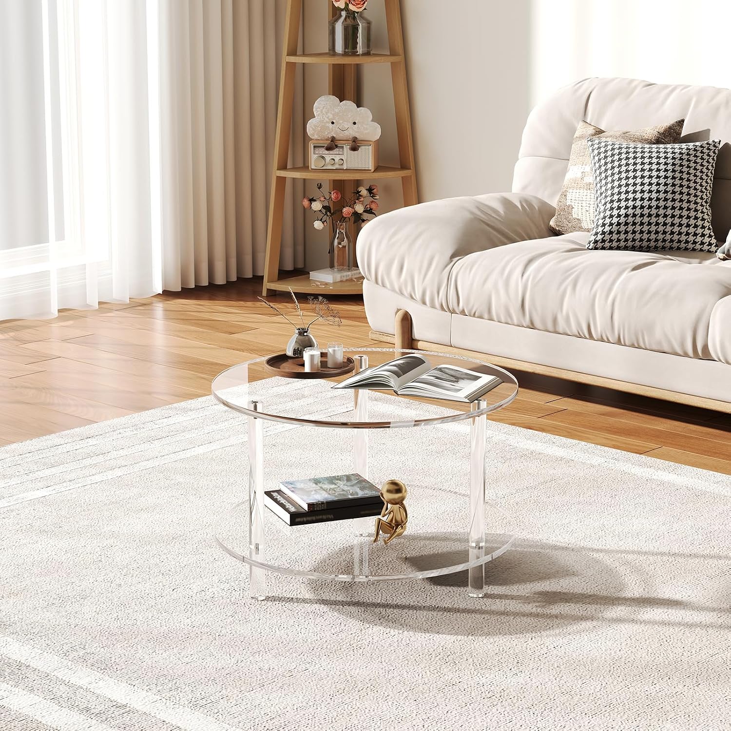 Acrylic Round Coffee Table, 23.6' Wide Modern Tea Table with Storage Shelf, 2-Tier Circle Center Table for Living Room, Office Reception and Apartment (Clear)