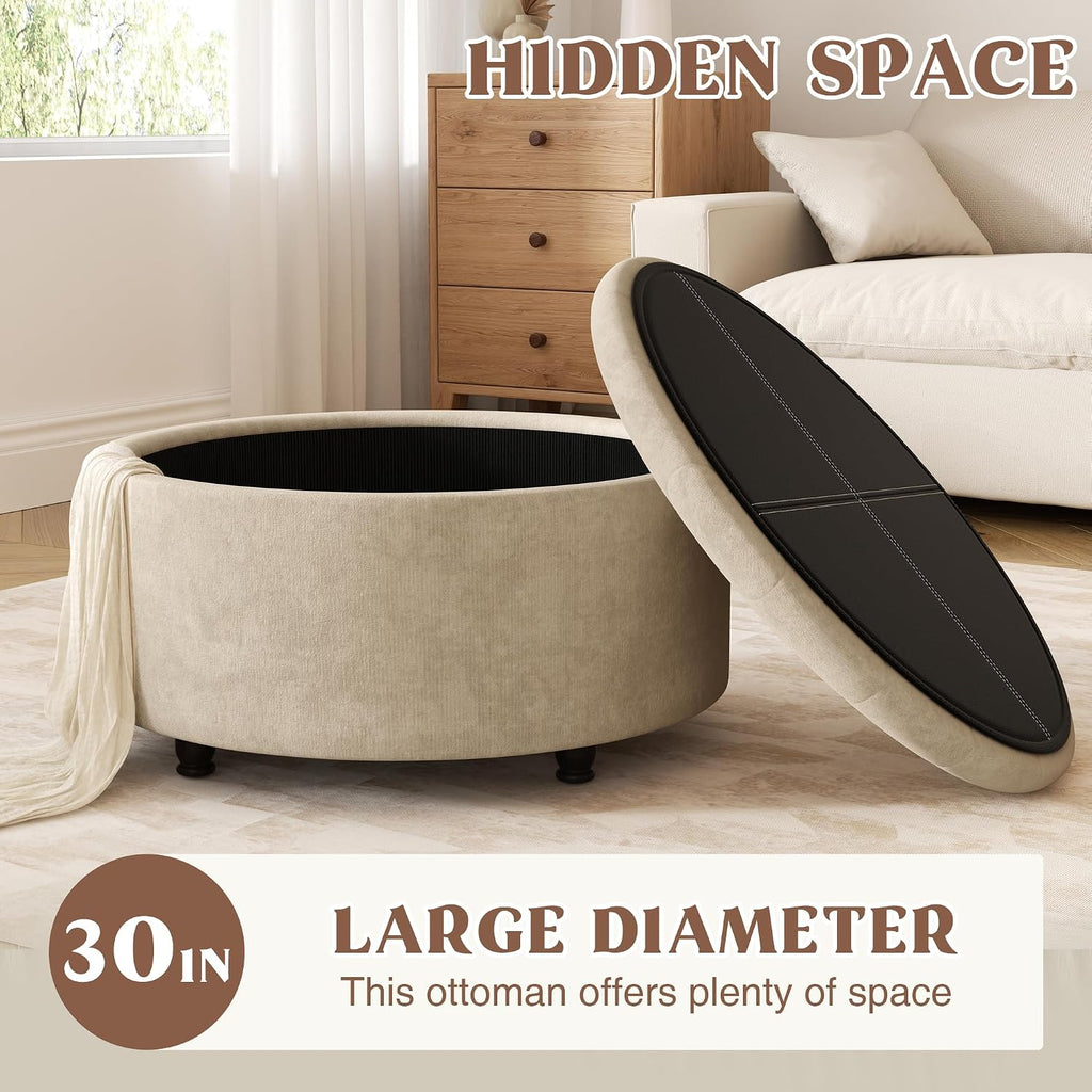 30 Inch Round Storage Ottoman,Modern Tufted Ottomans,Circular Coffee Table with Removable Top,Upholstered Large Ottoman with Storage Footrest Stool for Bedroom Living Room (Lightbrown)