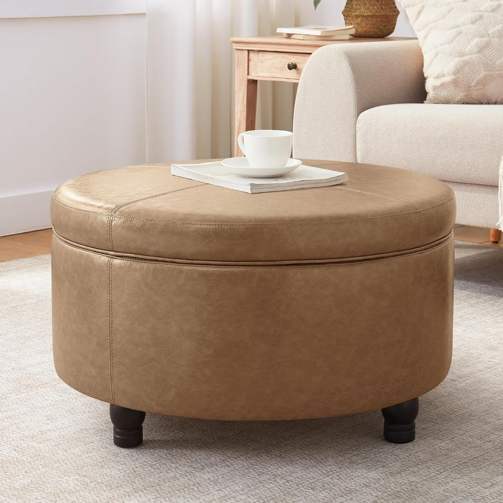 30-Inch Round Storage Ottoman, Modern Ottoman Coffee Table with Removable Top for Living Room, Bedroom, Office （Light Brown）