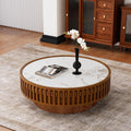 35.43' Round Fluted Coffee Table - Chic Handcraft Fluted Design Unique Contemporary Wood Low Circle Drum Tea Tables with Spacious Rock Slab Tabletop for Small Space (G 35.4in)