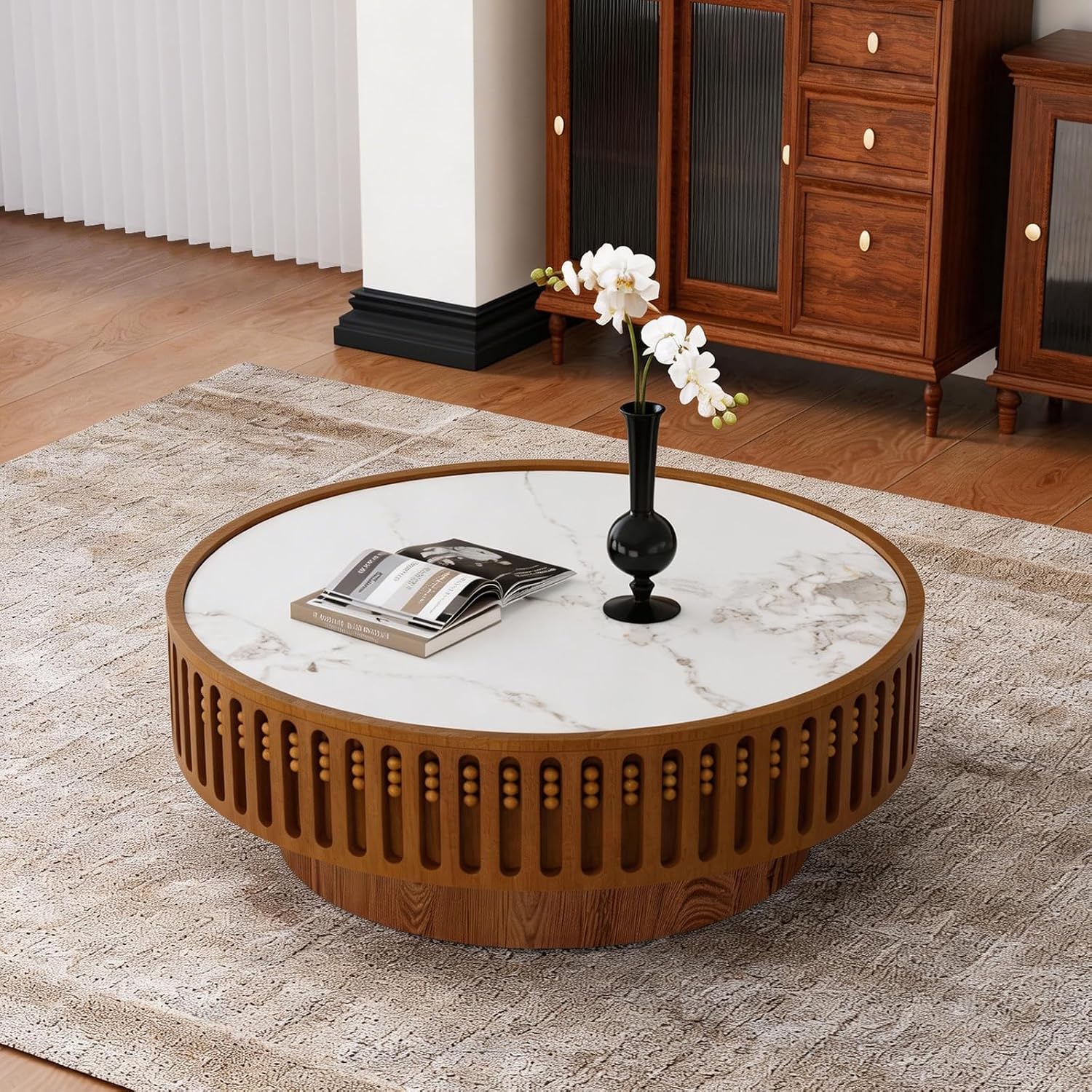 35.43' Round Fluted Coffee Table - Chic Handcraft Fluted Design Unique Contemporary Wood Low Circle Drum Tea Tables with Spacious Rock Slab Tabletop for Small Space (G 35.4in)