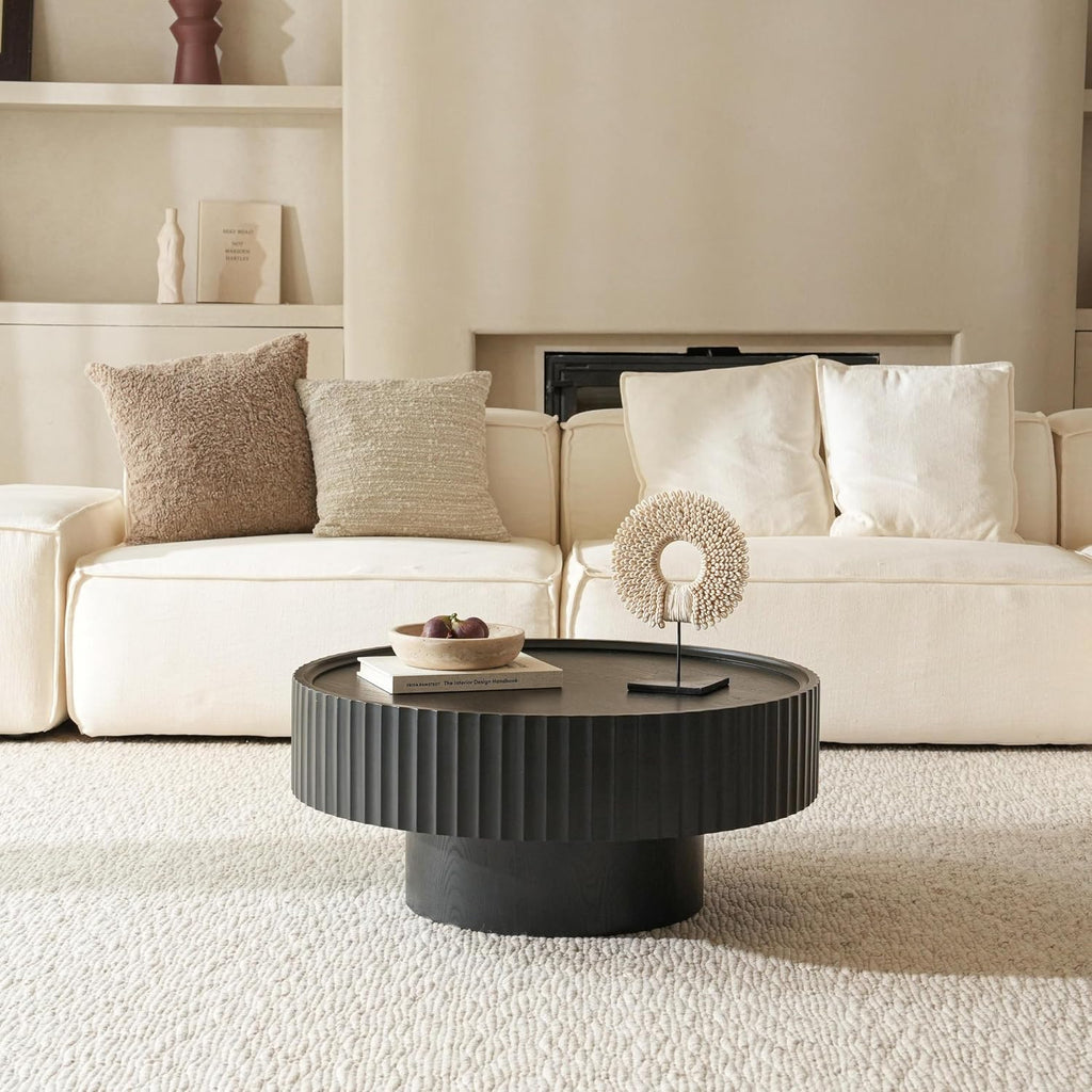 Round Coffee Table, 30.3in Modern Living Room Table, Fluted Drum Circle Tea Table with Storage, Accent Center Tables for Living Room, Apartment, Small Space (Black)