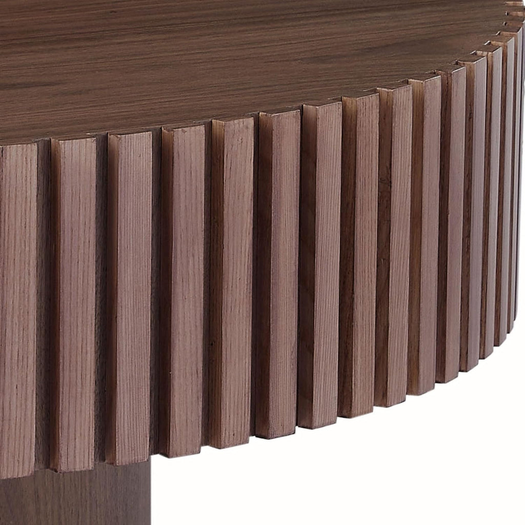 39.4' Walnut Round Coffee Table Wood, Modern Drum Fluted Coffee Table for Living Room, Contemporary Low Circle Center Table Side Table for Apartment, Farmhouse, Office, mesa de Cafe