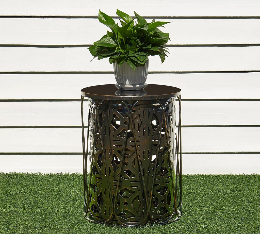 HFHOME Set of 3 Metal Outdoor Side Table, Nesting Round Coffee Table for Indoor Outdoor, Heavy Duty End Tables Plant Stand Living Room Garden Stool - Bronze