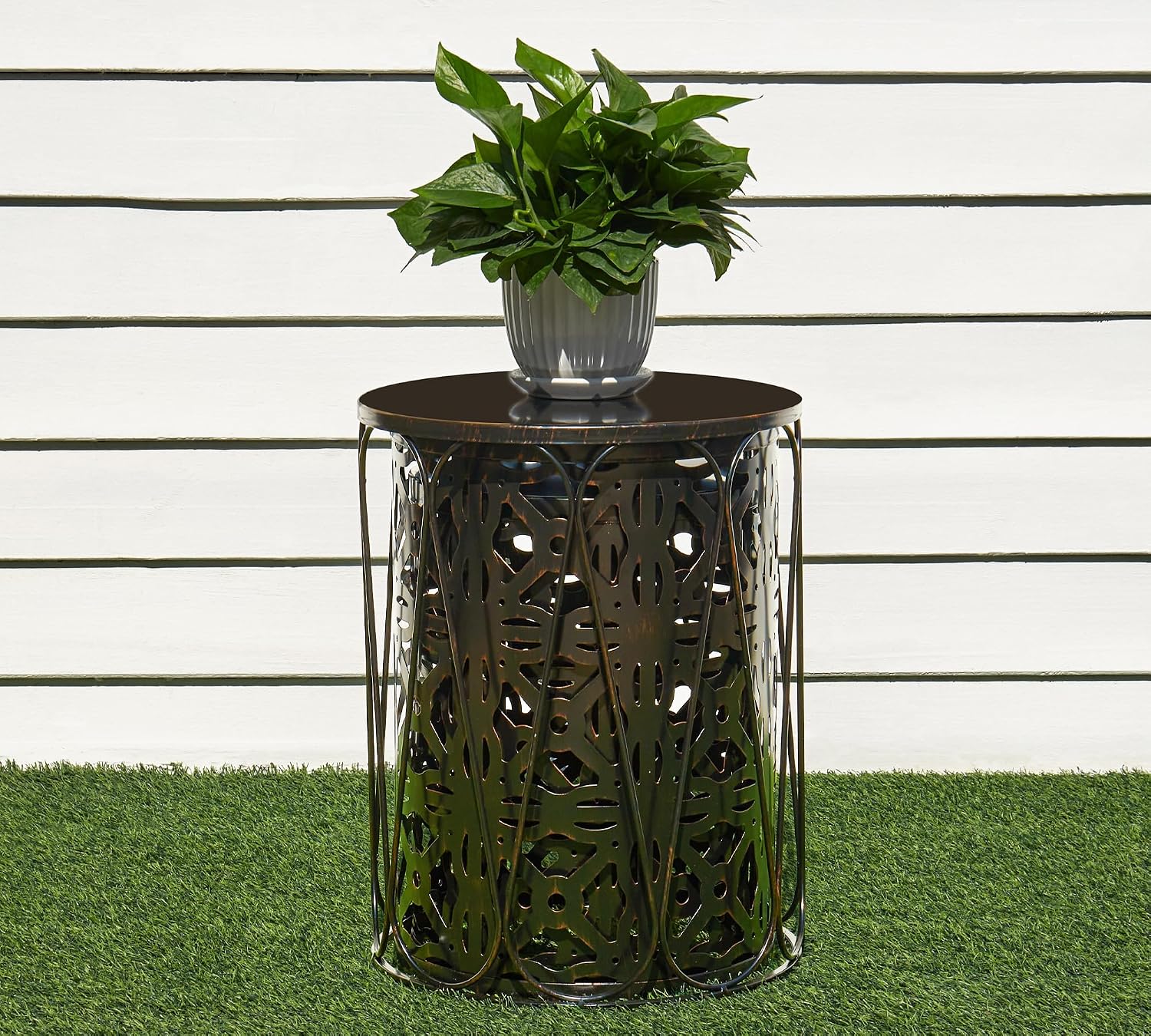 HFHOME Set of 3 Metal Outdoor Side Table, Nesting Round Coffee Table for Indoor Outdoor, Heavy Duty End Tables Plant Stand Living Room Garden Stool - Bronze