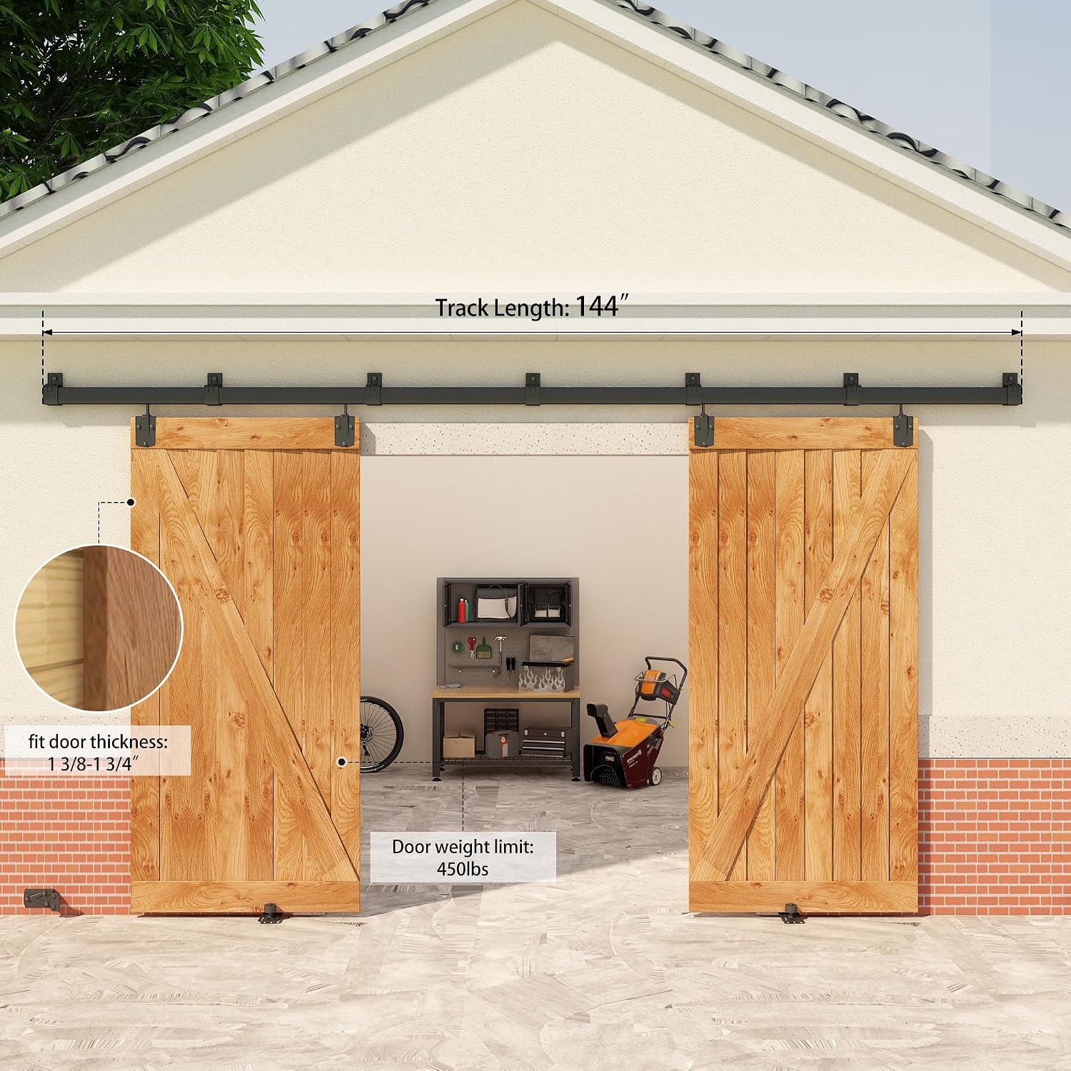 12FT Black Box Rail Exterior Barn Door Hardware Kit for 2 Doors, Sliding Heavy Duty Barn Door Track, Wall Mount Barn Door Hardware with 7 Track Brackets(Doors NOT Include)