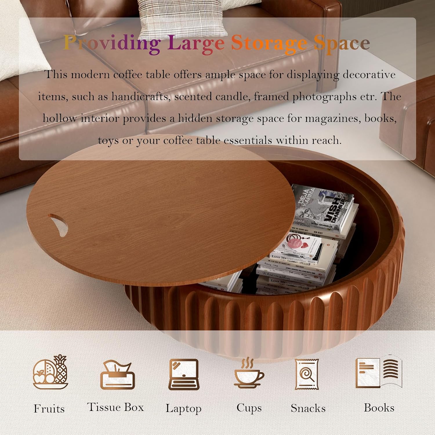 31.5' Drum Coffee Table - Handcraft Solid Wood Edge Stripe Modern Chic Fluted Tea Table with with Storage for Small Space Apartment (D 31.5in)
