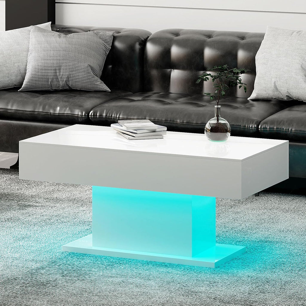 HedoAjim Led Coffee Table for Living Room, Living Room Table Rectangular Center Table, Modern High Glossy Wooden Coffee Tables with 16 Colors LED Lights for Dining Reception Room, White