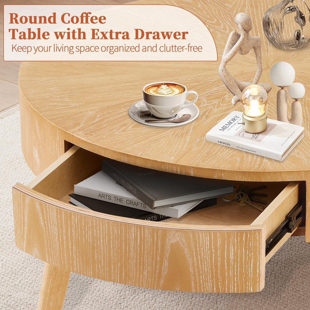 Round Wood Coffee Table for Living Room, Modern Wood Table with Storage, Wooden Circle Coffee Table, 29.14' L x 29.14' W x 15.87' H
