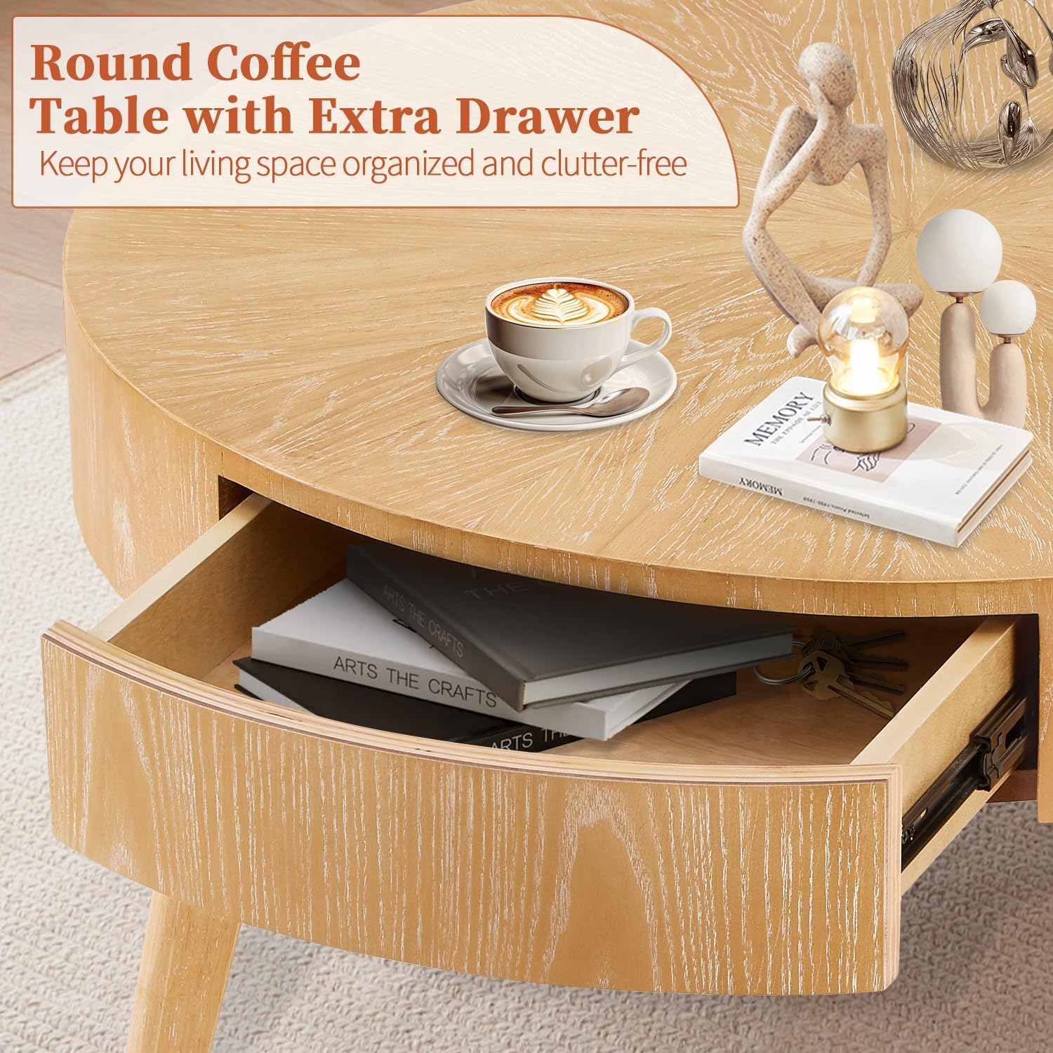 Round Wood Coffee Table for Living Room, Modern Wood Table with Storage, Wooden Circle Coffee Table, 29.14' L x 29.14' W x 15.87' H