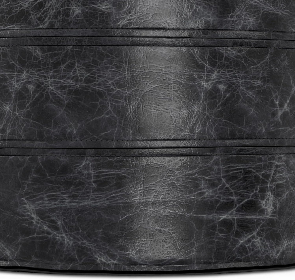 SIMPLIHOME Connor Round Pouf - 18 inch Wide Upholstered Genuine Leather Ottoman in Distressed Black, Boho Footstool or Extra Seating for Living Room or Bedroom with Polystyrene Filling, Assembled