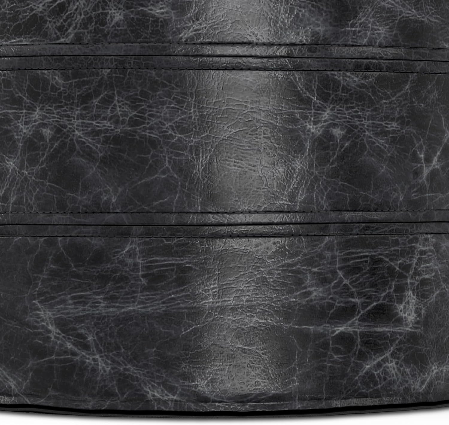 SIMPLIHOME Connor Round Pouf - 18 inch Wide Upholstered Genuine Leather Ottoman in Distressed Black, Boho Footstool or Extra Seating for Living Room or Bedroom with Polystyrene Filling, Assembled