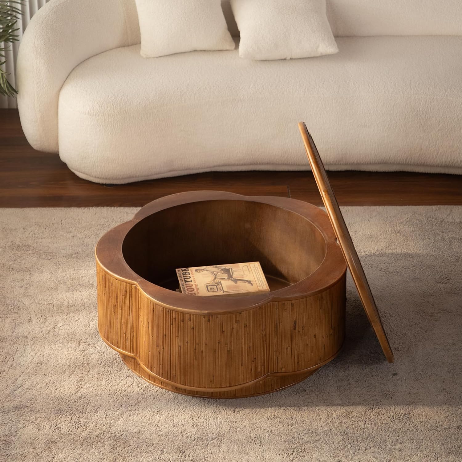 31.5'' Round Coffee Table with Lift-Off Lid Storage, Wood Circle Flower-Shaped Rattan Coffee Table for Living Room, Modern Boho Countryside Farmhouse Style, No Assembly, Natural