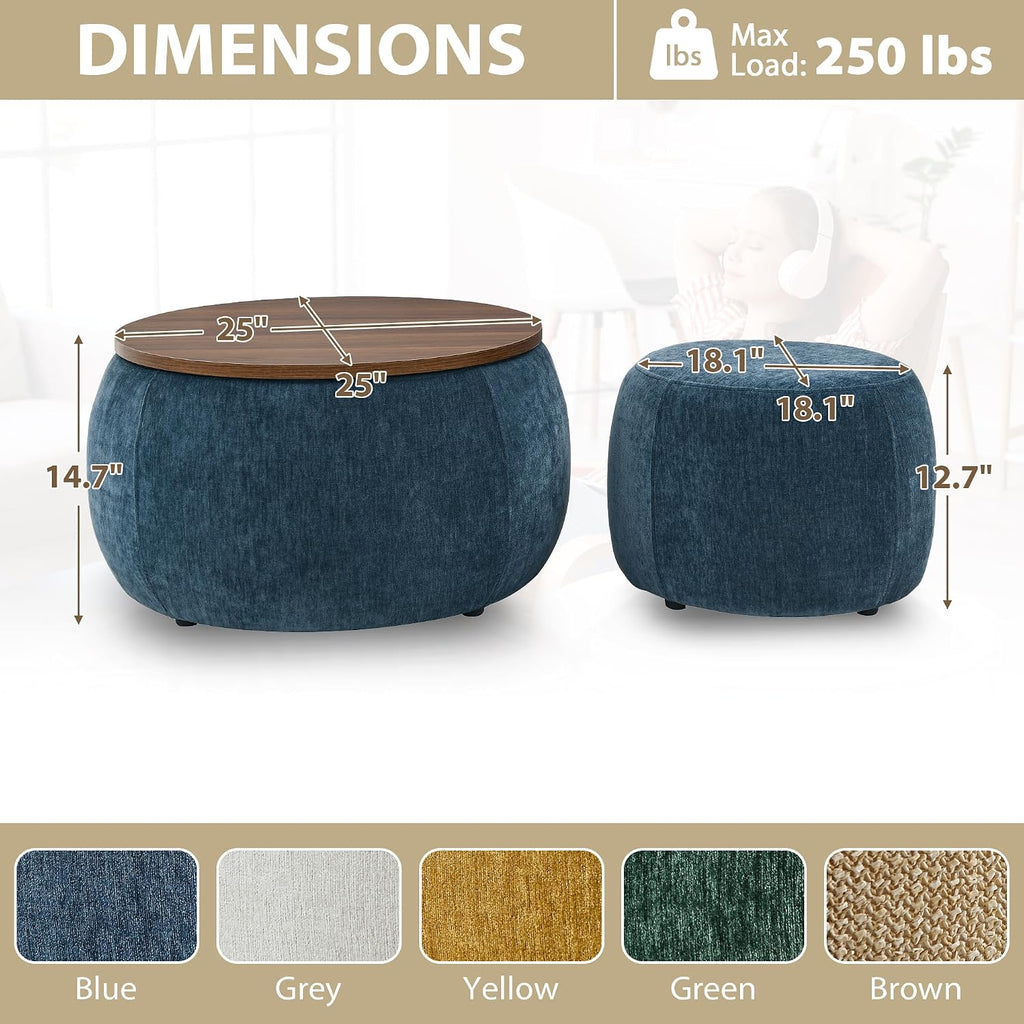 Round Ottoman with Storage Set, 25' +18' Circle Coffee Table Upholstered Nesting Modern End Table Footstool with Removable Wood Tray Chenille for Living Room No Assembly, Dark Blue