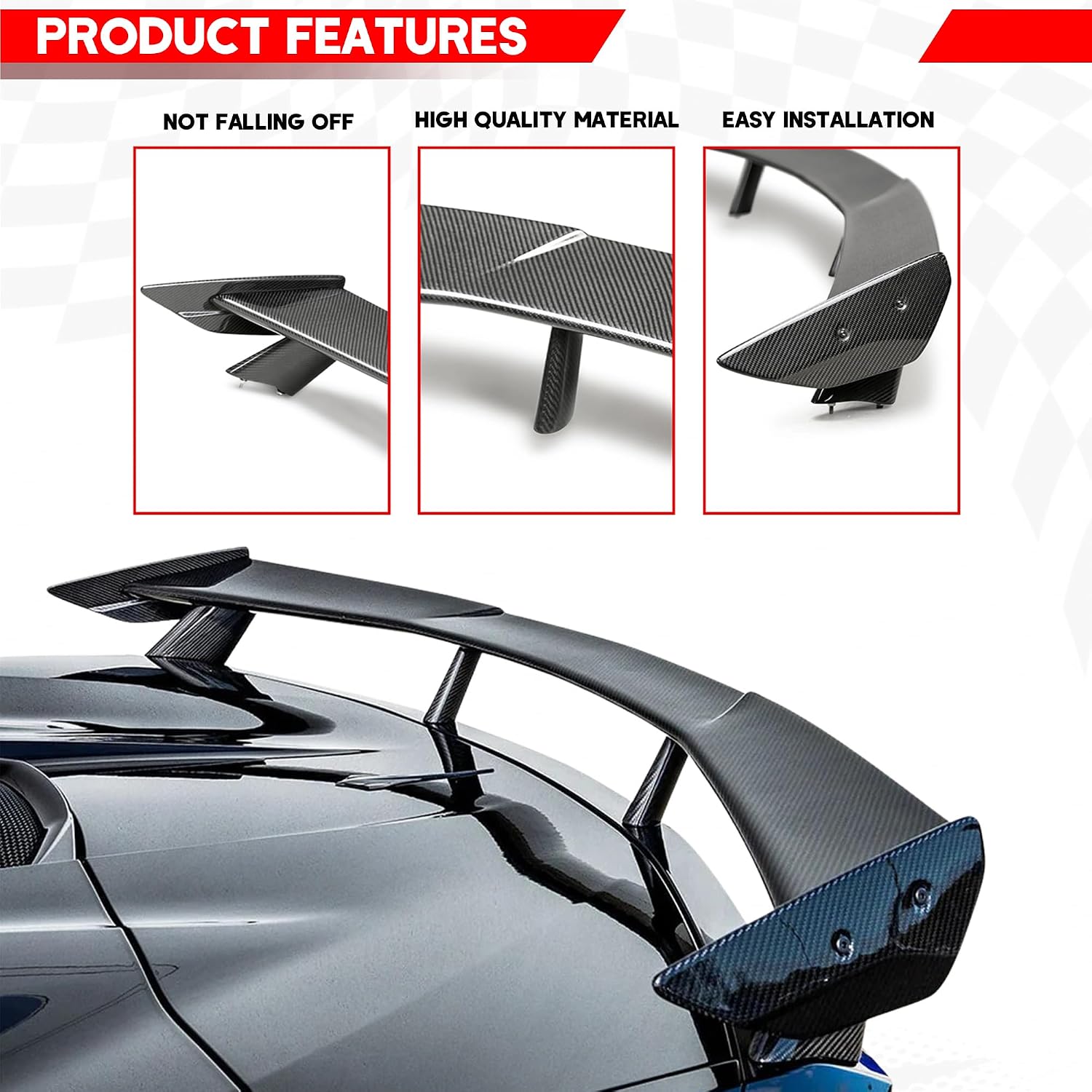 Rear Spoiler Wing for 2020-2025 Corvette C8 Stingray Z51, Rear High Trunk Wing Spoiler Corvette C8 Body Kit Accessories (Carbon Fiber)